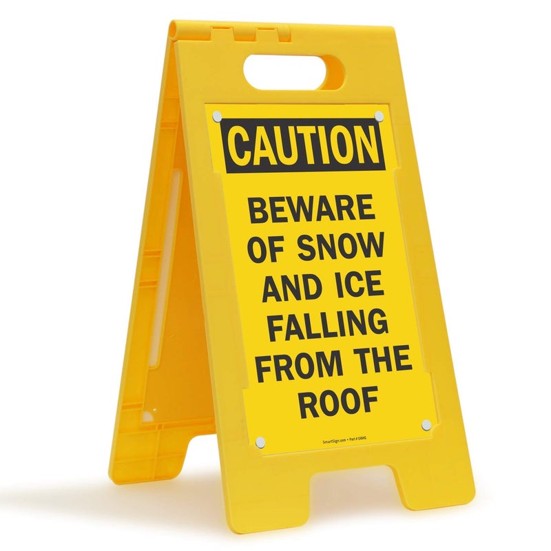 SmartSign 25 x 12 inch â€œCaution - Beware Of Snow And Ice Falling From The Roofâ€ Two-Sided Folding Floor Sign, Digitally Printed Polypropylene Plastic, Black and Yellow, Made in USA - Image 1